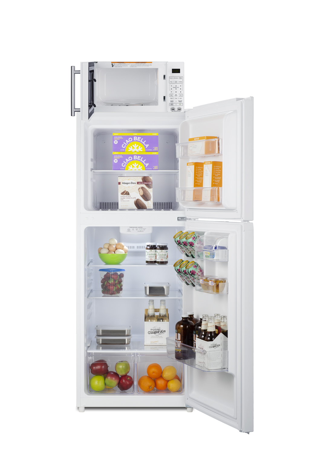 Frost-free 10.1 cu.ft. refrigerator-freezer and compact microwave in white with allocator and USB ports for 1-plug operation; ships fully assembled